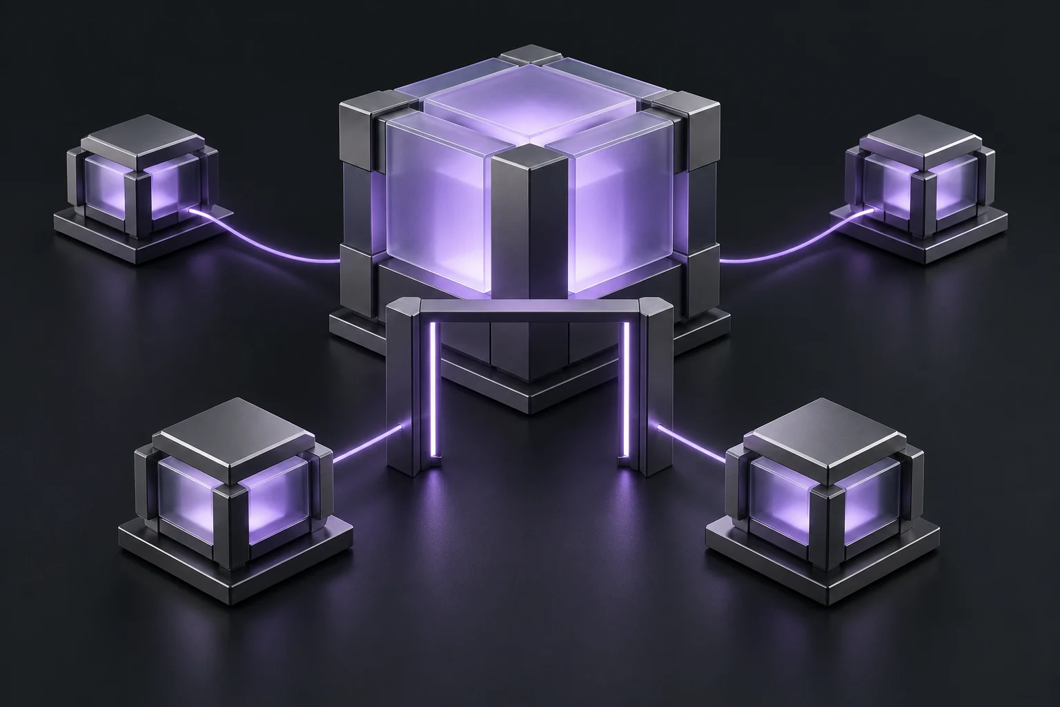 Conceptual violet model core connected to four agent modules through a control gate.