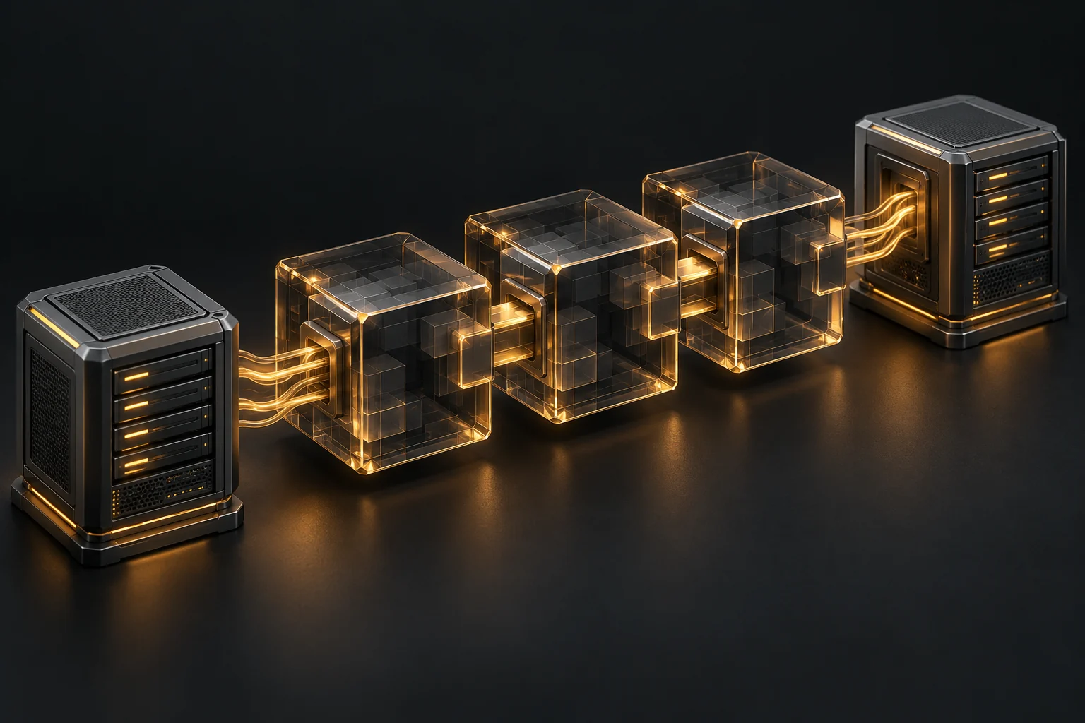 Conceptual amber ledger blocks connected to graphite blockchain server nodes.