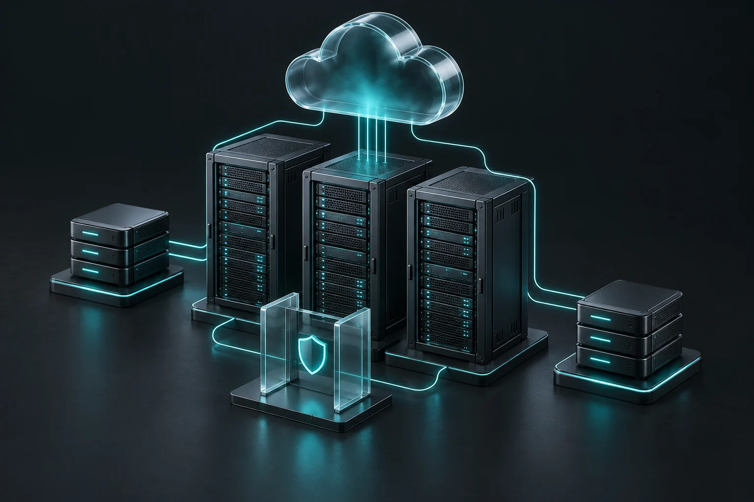 Conceptual cloud infrastructure with graphite servers, a glass cloud, and cyan storage and access connections.