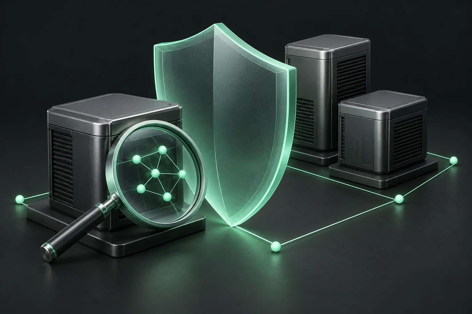Conceptual emerald protective shield and inspection lens beside service modules.